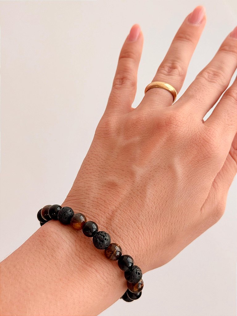 Pulseira Trio de Proteção 8mm - Turmalina Negra, Lava Vulcânica e Olho de Tigre