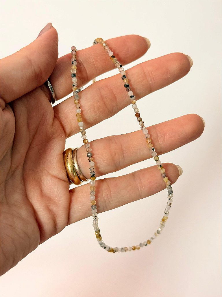 Colar de Quartzo Rutilado 2mm Multifacetado - Cura do Passado; Manifestação; Amplificador; Viagens Astrais