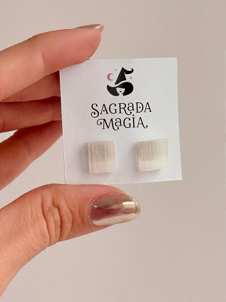 Brinco de Selenita Prateado - Limpeza Energética; Paz de Espírito; Cansaço Mental e Dores