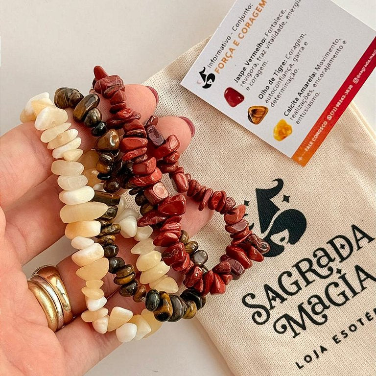 Conjunto Força e Coragem - Jaspe Vermelho, Olho de Tigre e Calcita Amarela