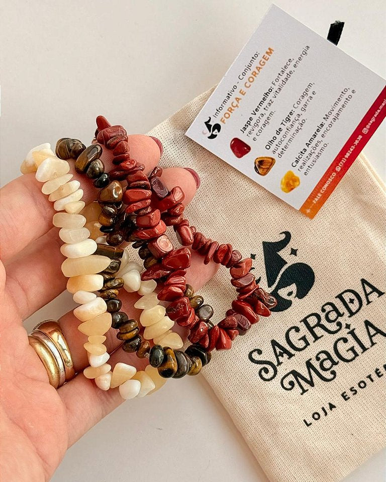 Conjunto Força e Coragem - Jaspe Vermelho, Olho de Tigre e Calcita Amarela