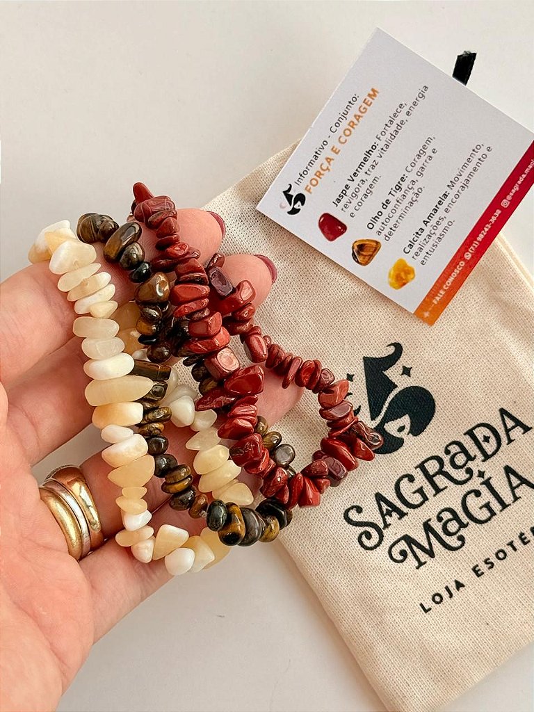 Conjunto Força e Coragem - Jaspe Vermelho, Olho de Tigre e Calcita Amarela