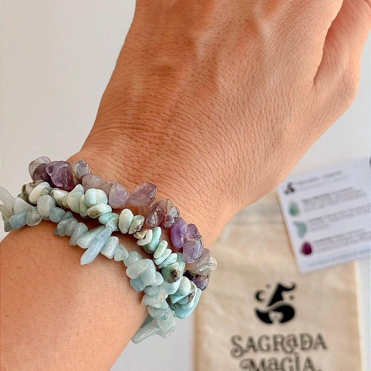 Conjunto Ansiedade, Medo e Agonia - Água Marinha, Larimar e Ametista Lilás