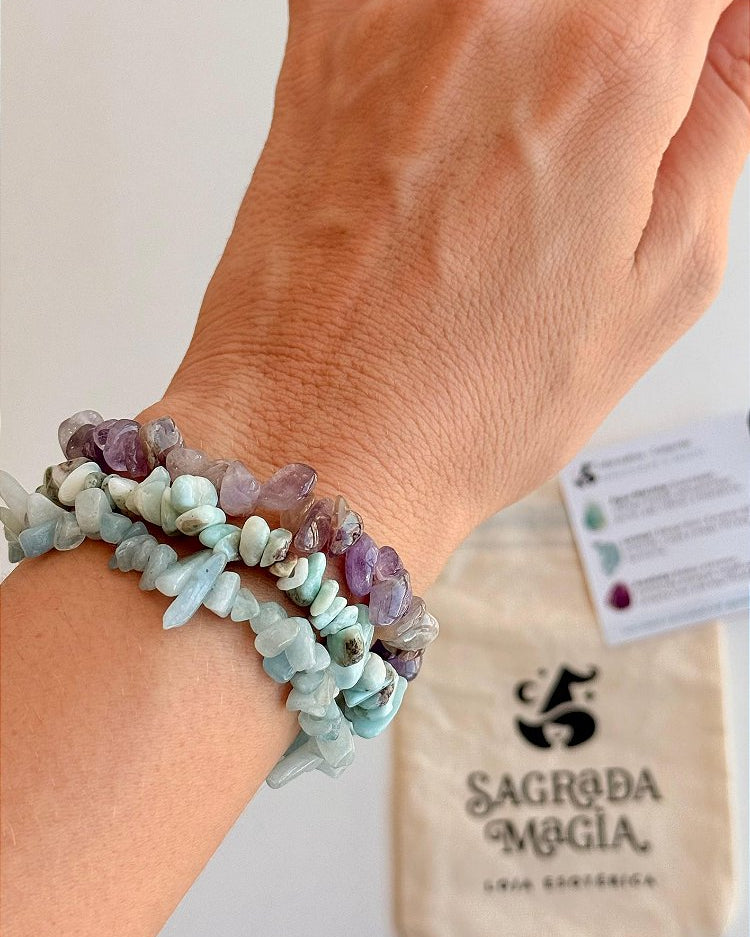 Conjunto Ansiedade, Medo e Agonia - Água Marinha, Larimar e Ametista Lilás