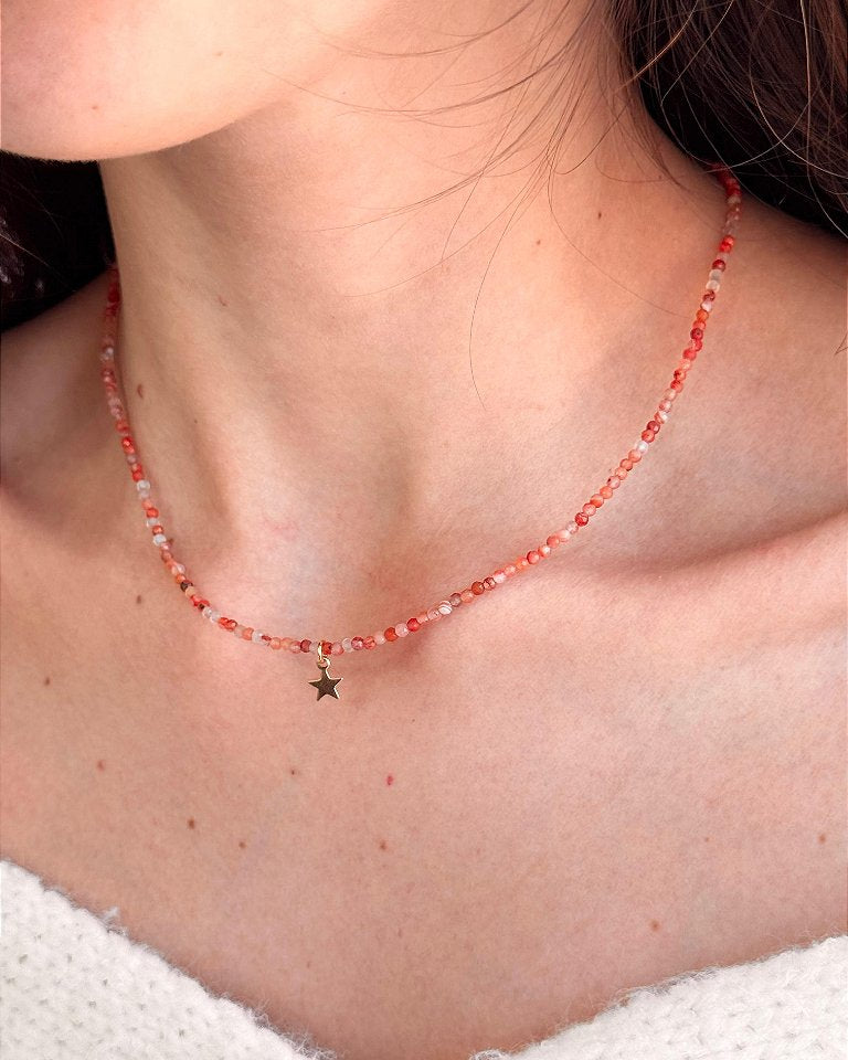 Colar de Cornalina 2mm Multifacetado - Alegria de Viver, Procrastinação, Disposição e Motivação