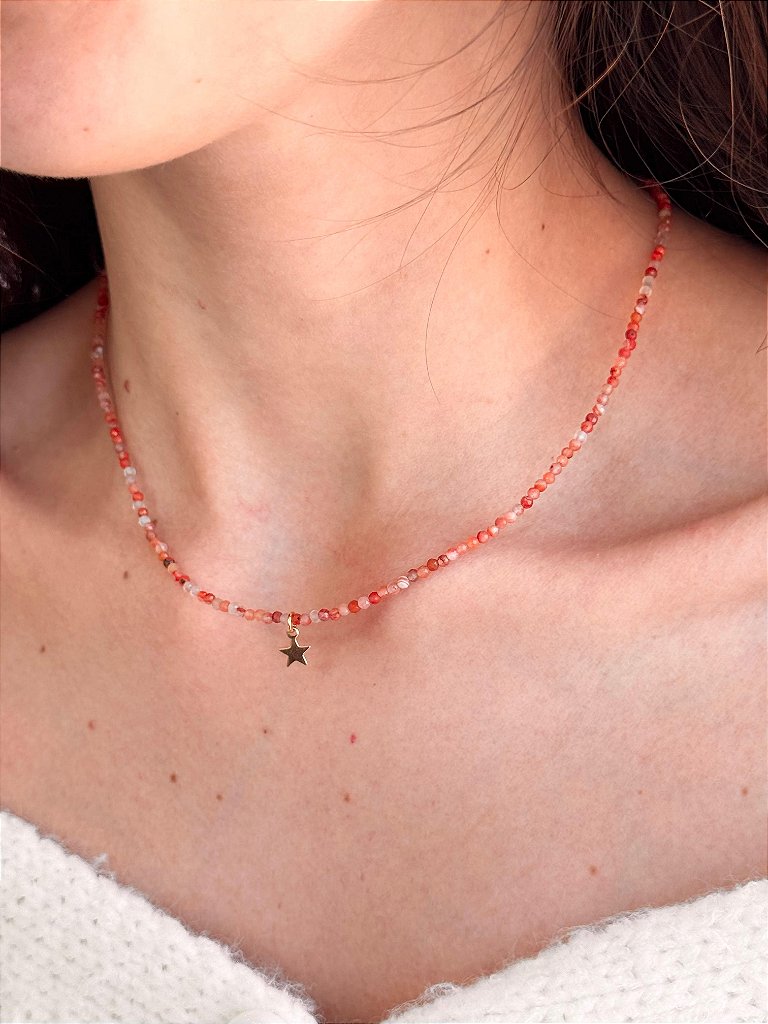 Colar de Cornalina 2mm Multifacetado - Alegria de Viver, Procrastinação, Disposição e Motivação