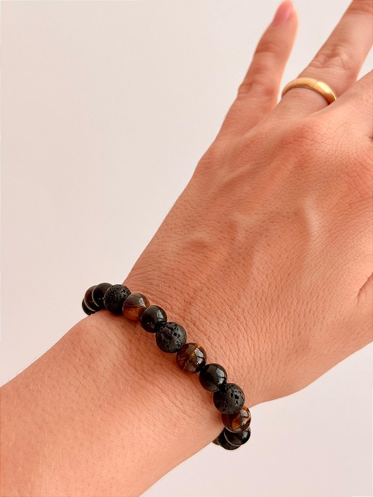 Pulseira Trio de Proteção 8mm - Turmalina Negra, Lava Vulcânica e Olho de Tigre