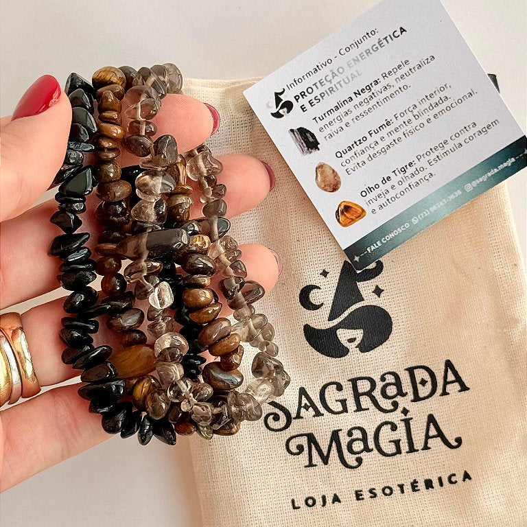 Conjunto Proteção Energética e Espiritual - Turmalina Negra, Quartzo Fumê e Olho de Tigre