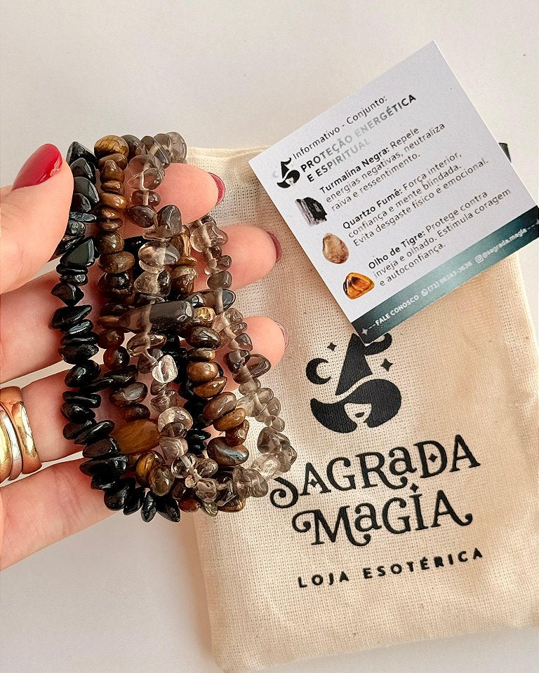 Conjunto Proteção Energética e Espiritual - Turmalina Negra, Quartzo Fumê e Olho de Tigre