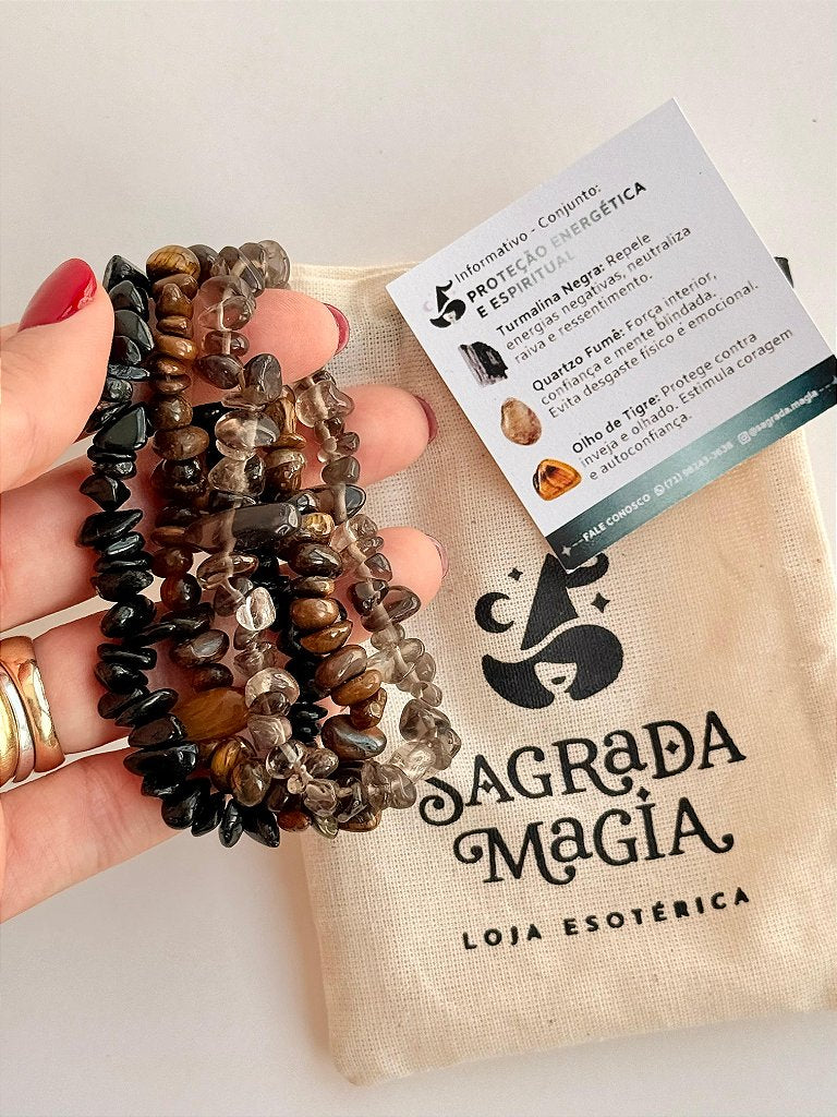 Conjunto Proteção Energética e Espiritual - Turmalina Negra, Quartzo Fumê e Olho de Tigre