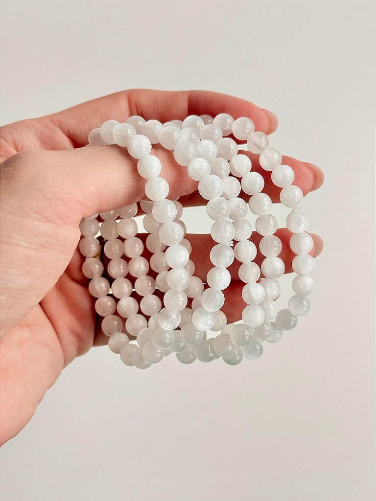 Pulseira de Selenita Redonda 6mm - Limpeza Energética; Paz de Espírito; Cansaço Mental e Dores