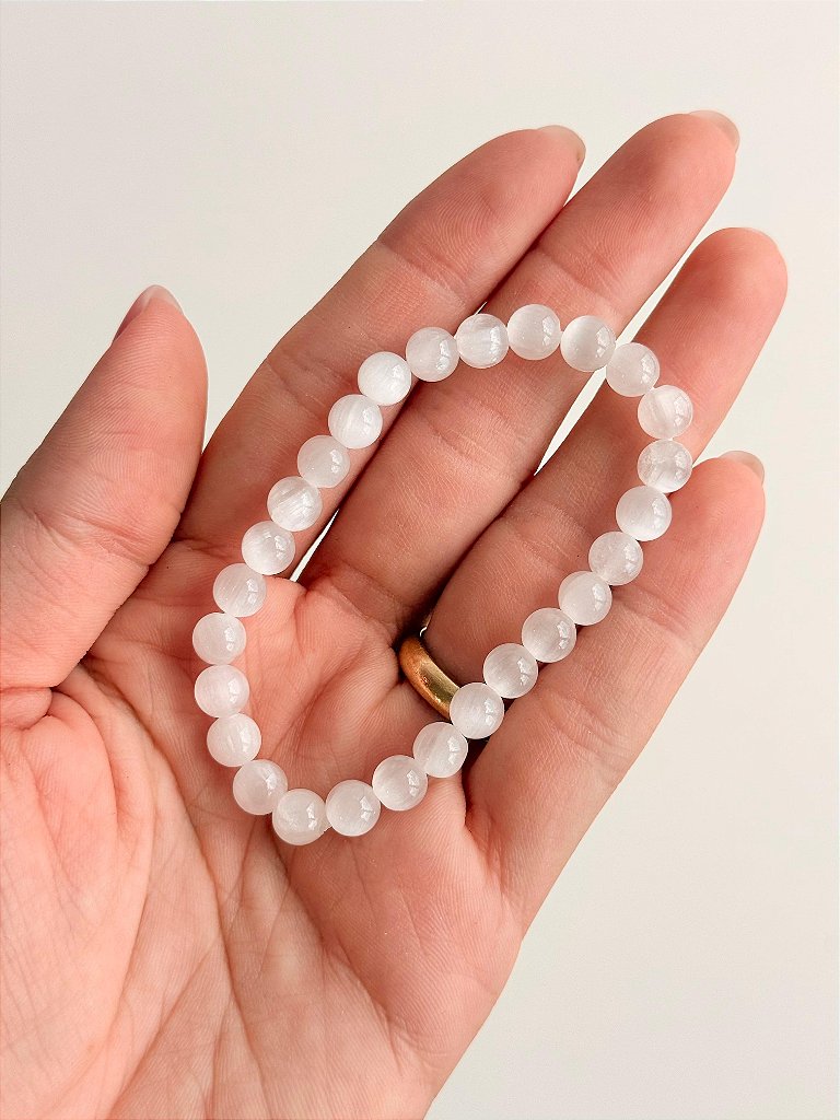 Pulseira de Selenita Redonda 6mm - Limpeza Energética; Paz de Espírito; Cansaço Mental e Dores