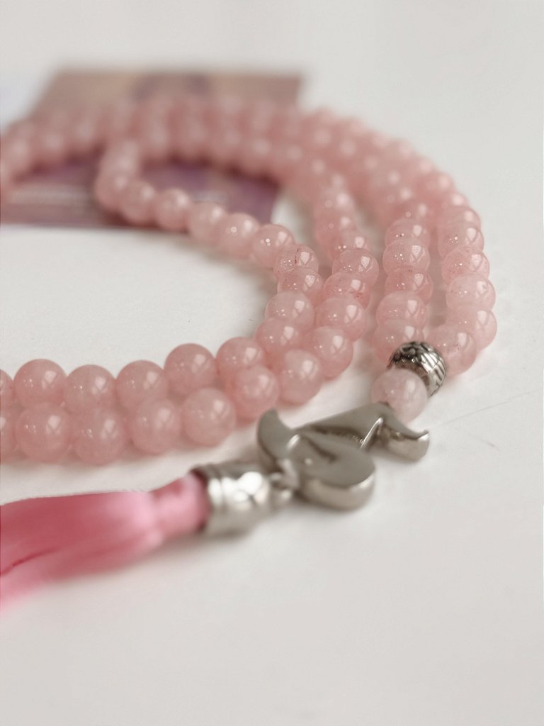 Japamala de Quartzo Rosa 8mm - 108 Contas - Coração de Lakshimi - Gratidão, Amor, Perdão e Doçura