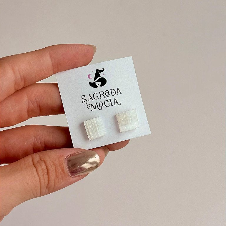 Brinco de Selenita Prateado - Limpeza Energética; Paz de Espírito; Cansaço Mental e Dores