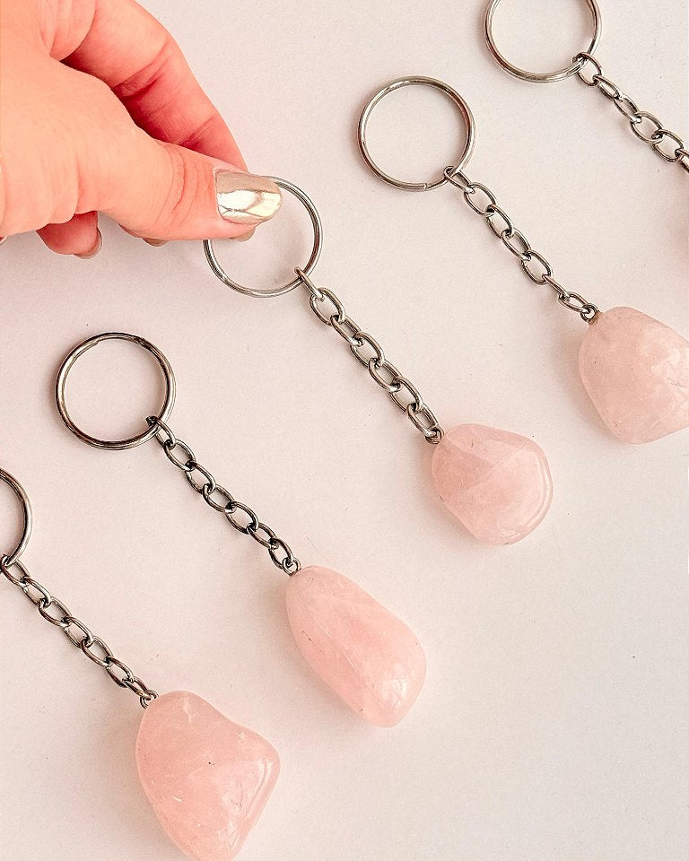 Chaveiro de Quartzo Rosa - Pedra do Amor - Cura do Coração, Amor Próprio, Perdão e Gratidão