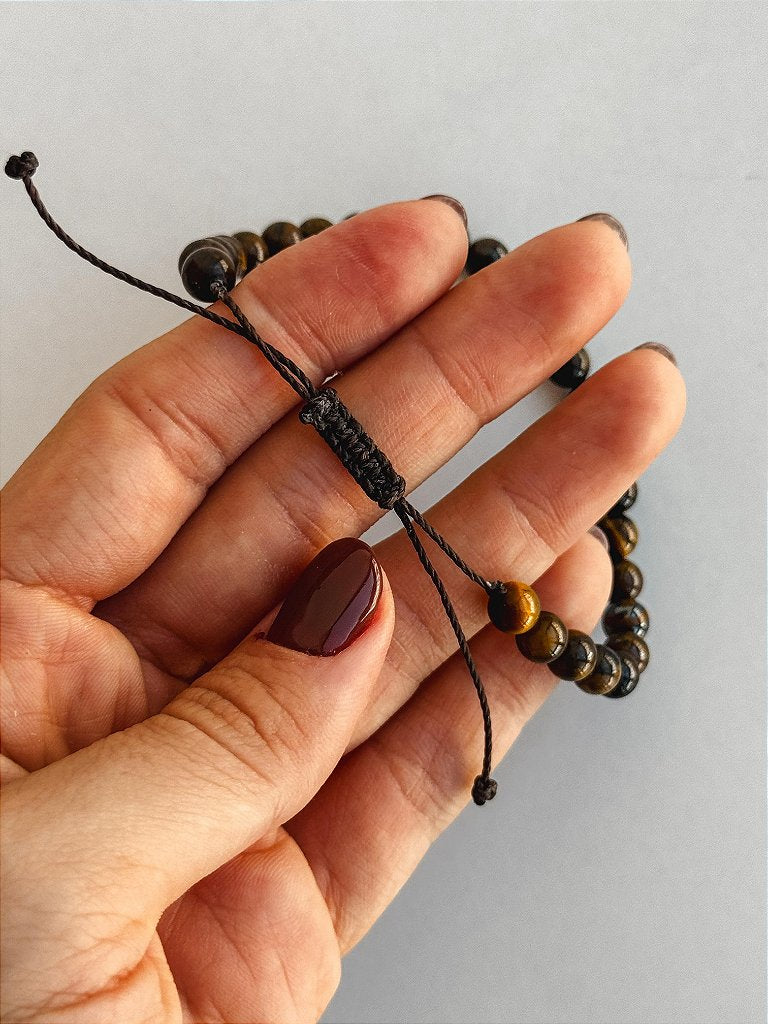 Pulseira de Olho de Tigre 6mm Regulável - Contra Inveja e Olhado; Autoconfiança; Coragem e Determinação