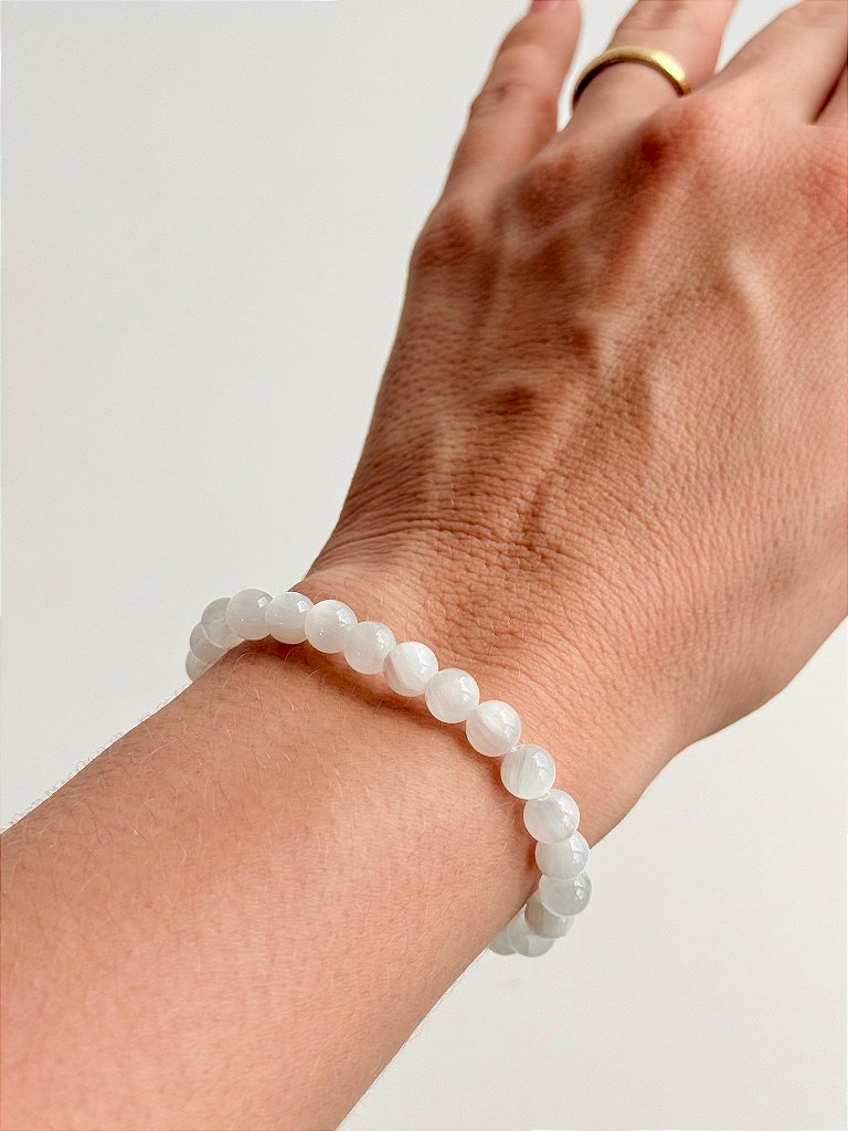 Pulseira de Selenita Redonda 6mm - Limpeza Energética; Paz de Espírito; Cansaço Mental e Dores