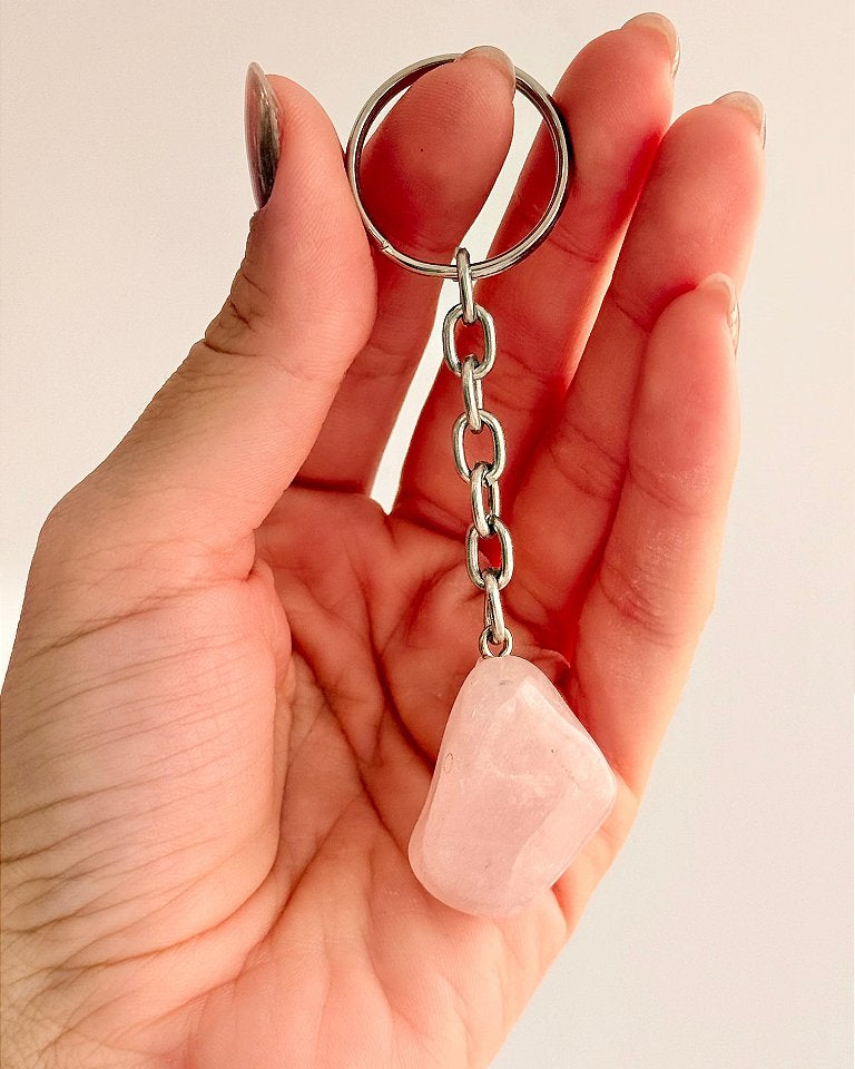 Chaveiro de Quartzo Rosa - Pedra do Amor - Cura do Coração, Amor Próprio, Perdão e Gratidão
