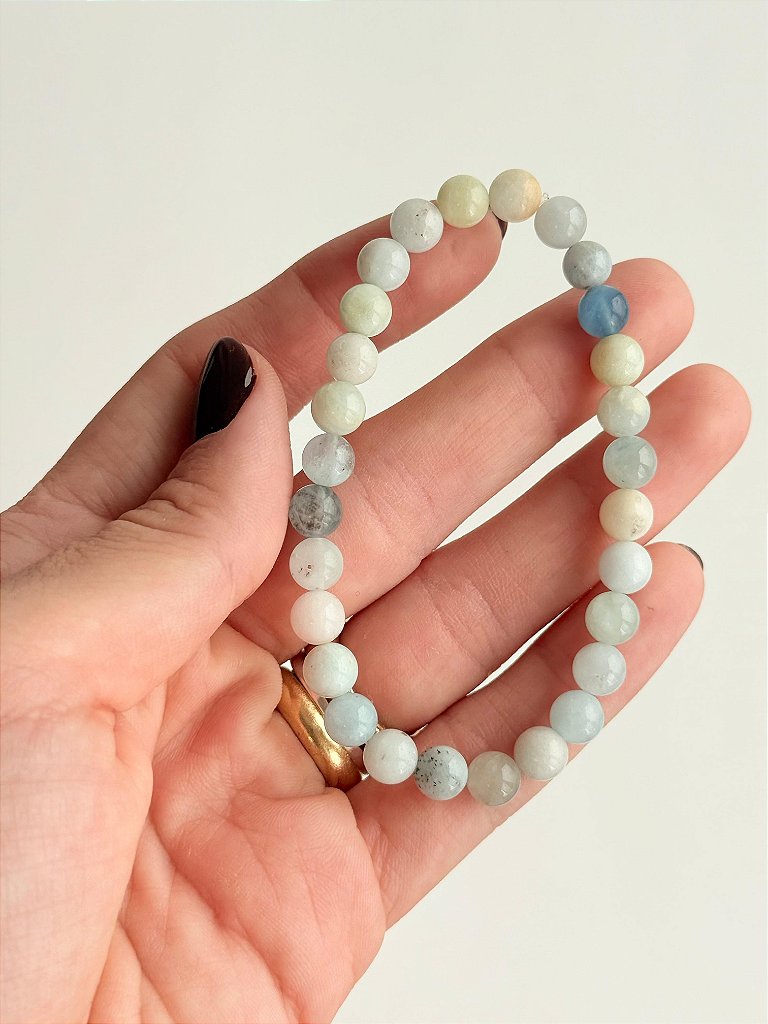 Pulseira de Água Marinha Redonda 6mm - Pedra da Ansiedade, Desfaz Confusões, Protege os Pensamentos
