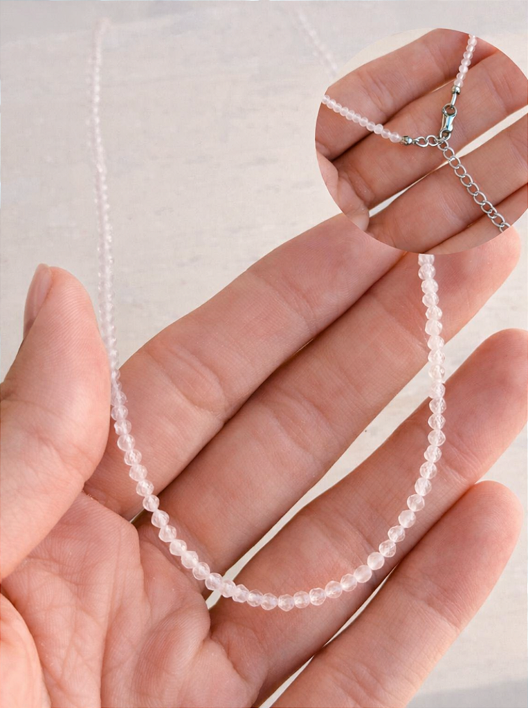 Colar de Quartzo Rosa 2mm Multifacetado - Pedra do Amor - Cura do Coração, Amor Próprio, Perdão e Gratidão