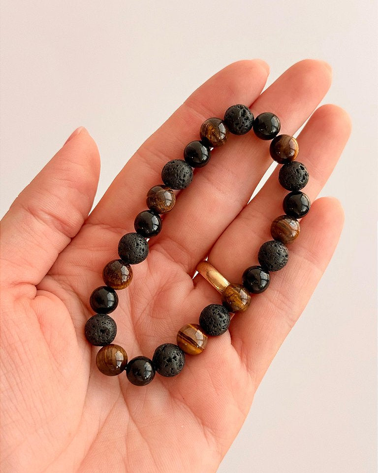 Pulseira Trio de Proteção 8mm - Turmalina Negra, Lava Vulcânica e Olho de Tigre
