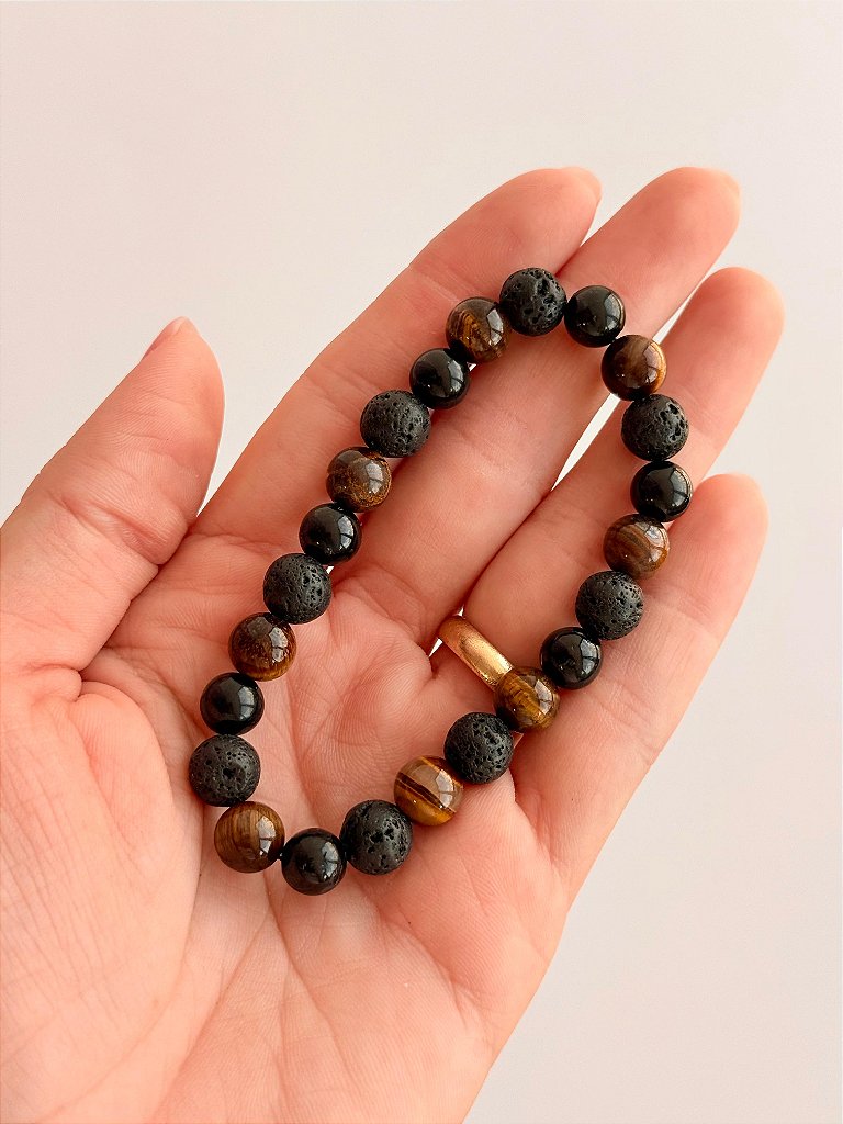 Pulseira Trio de Proteção 8mm - Turmalina Negra, Lava Vulcânica e Olho de Tigre