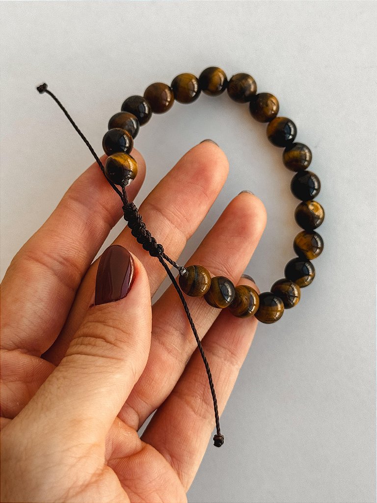 Pulseira de Olho de Tigre 8mm Regulável - Contra Inveja e Olhado; Autoconfiança; Coragem e Determinação
