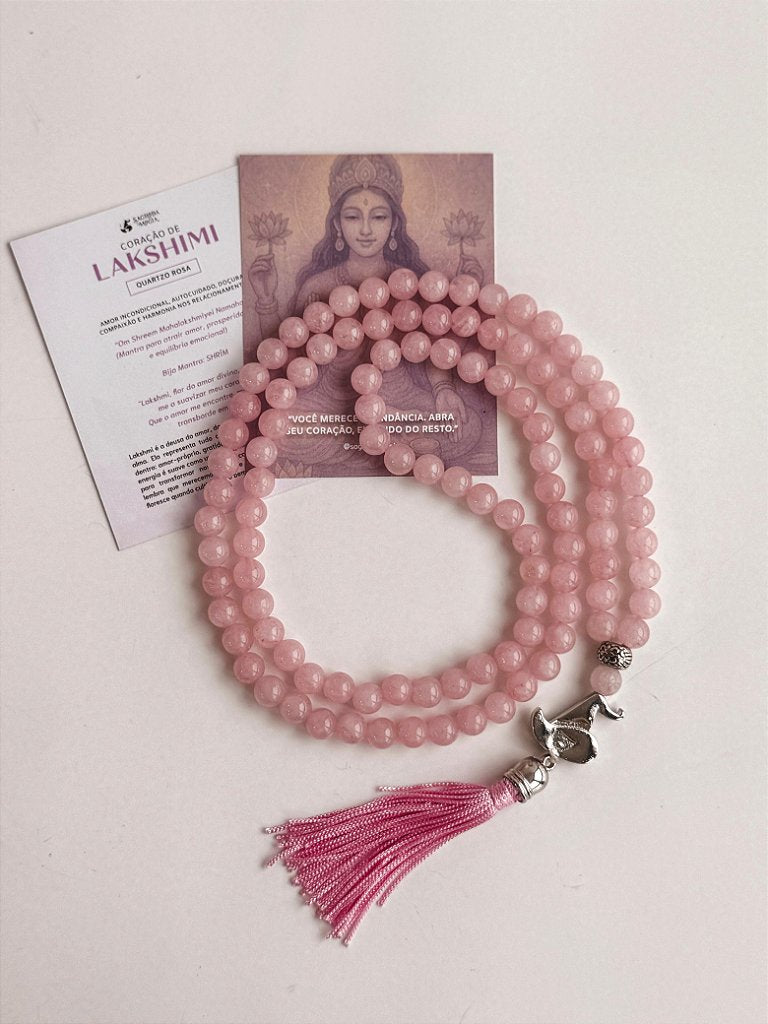 Japamala de Quartzo Rosa 8mm - 108 Contas - Coração de Lakshimi - Gratidão, Amor, Perdão e Doçura