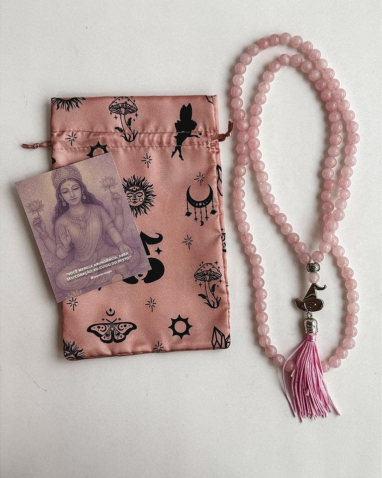 Japamala de Quartzo Rosa 8mm - 108 Contas - Coração de Lakshimi - Gratidão, Amor, Perdão e Doçura