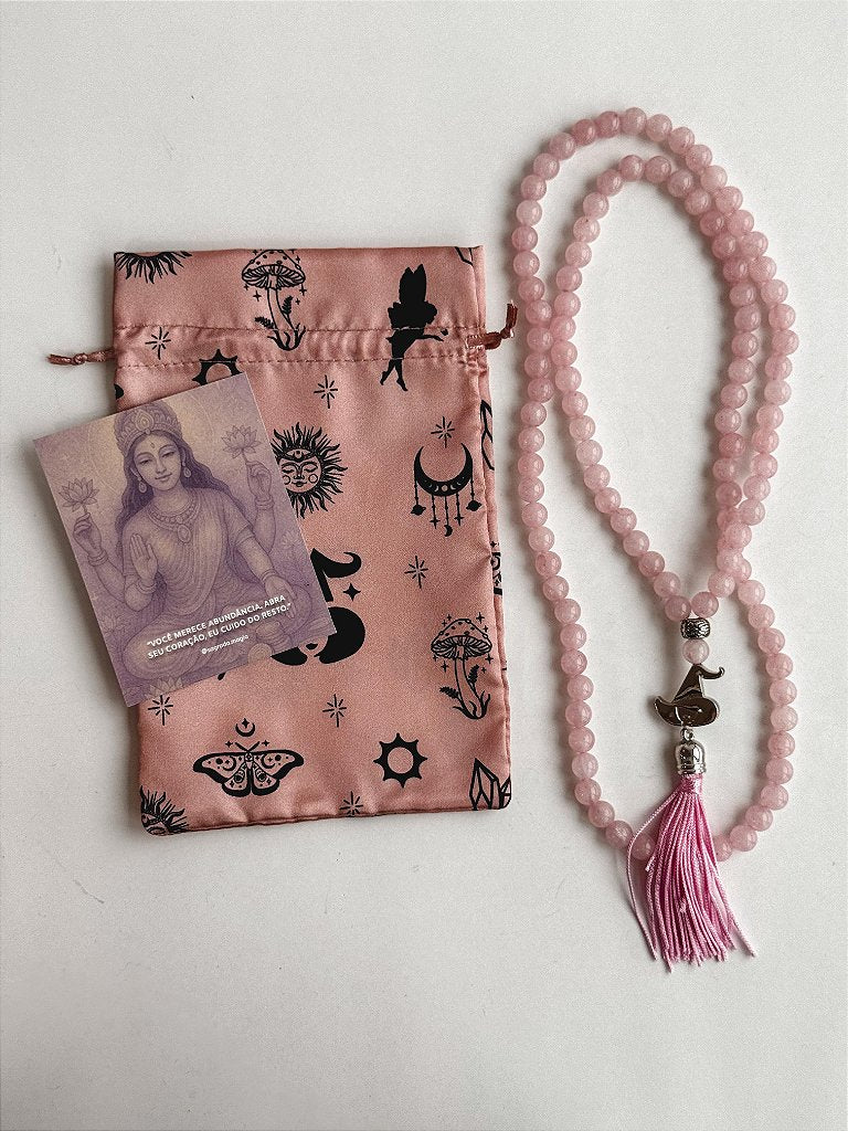 Japamala de Quartzo Rosa 8mm - 108 Contas - Coração de Lakshimi - Gratidão, Amor, Perdão e Doçura