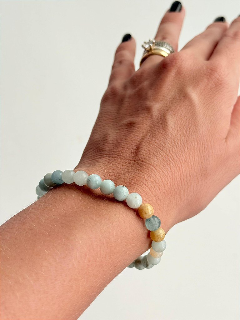 Pulseira de Água Marinha Redonda 6mm - Pedra da Ansiedade, Desfaz Confusões, Protege os Pensamentos