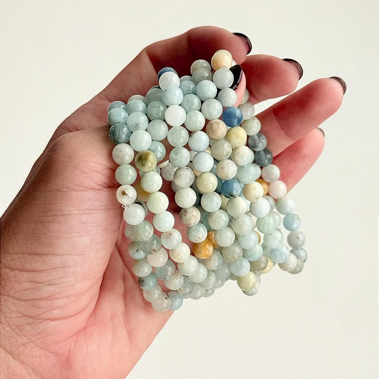 Pulseira de Água Marinha Redonda 6mm - Pedra da Ansiedade, Desfaz Confusões, Protege os Pensamentos