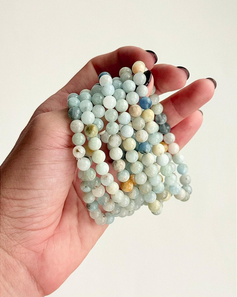 Pulseira de Água Marinha Redonda 6mm - Pedra da Ansiedade, Desfaz Confusões, Protege os Pensamentos