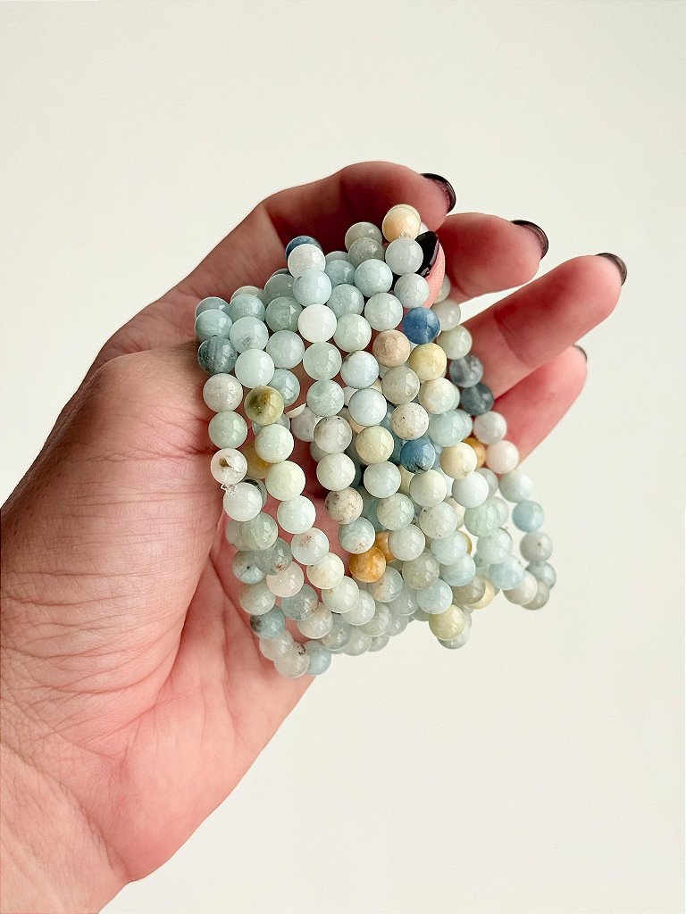 Pulseira de Água Marinha Redonda 6mm - Pedra da Ansiedade, Desfaz Confusões, Protege os Pensamentos