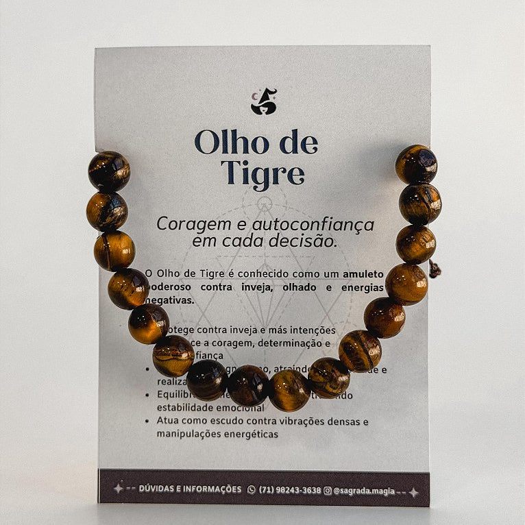 Pulseira de Olho de Tigre 8mm Regulável - Contra Inveja e Olhado; Autoconfiança; Coragem e Determinação