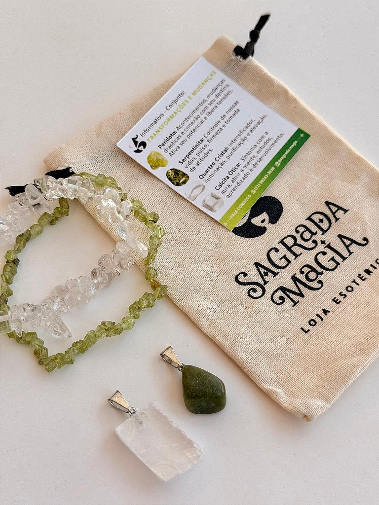 Conjunto Transformações e Mudanças - Peridoto, Serpentinita, Quartzo Cristal e Calcita Ótica
