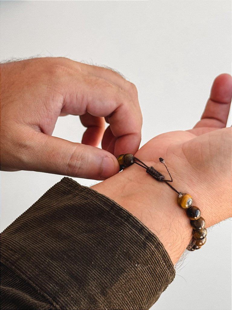 Pulseira de Olho de Tigre 8mm Regulável - Contra Inveja e Olhado; Autoconfiança; Coragem e Determinação