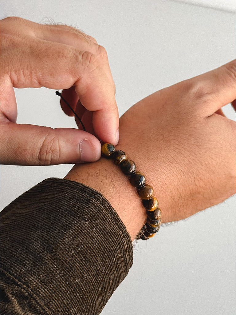 Pulseira de Olho de Tigre 8mm Regulável - Contra Inveja e Olhado; Autoconfiança; Coragem e Determinação