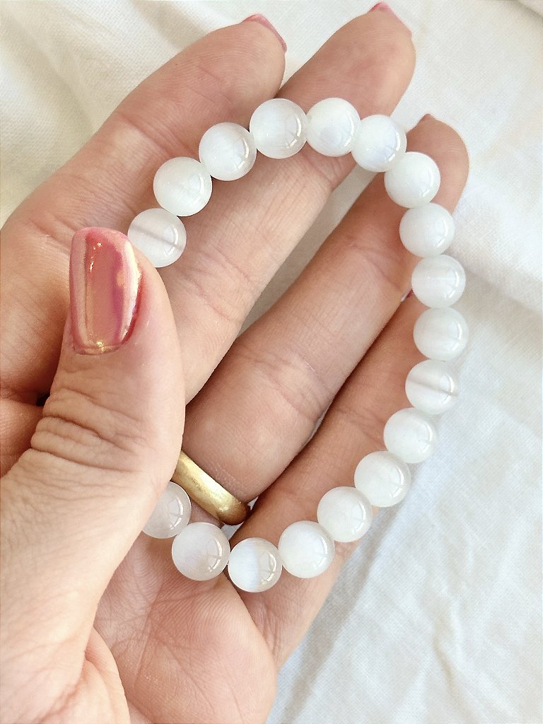 Pulseira de Selenita Redonda 8mm - Limpeza Energética; Paz de Espírito; Cansaço Mental e Dores