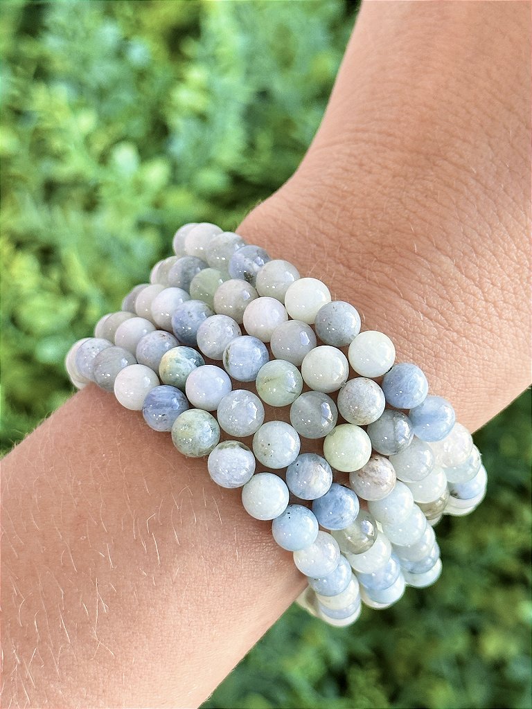 Pulseira de Água Marinha Redonda 6mm - Pedra da Ansiedade, Desfaz Confusões, Protege os Pensamentos