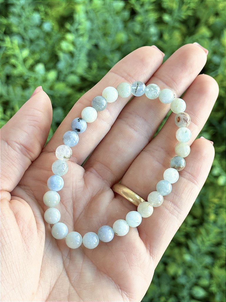 Pulseira de Água Marinha Redonda 6mm - Pedra da Ansiedade, Desfaz Confusões, Protege os Pensamentos
