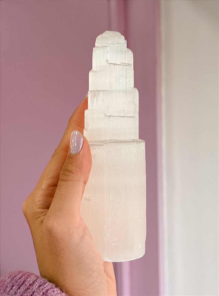 Torre de Selenita Grande 15cm - Limpeza Energética; Paz de Espírito; Cansaço Mental e Dores