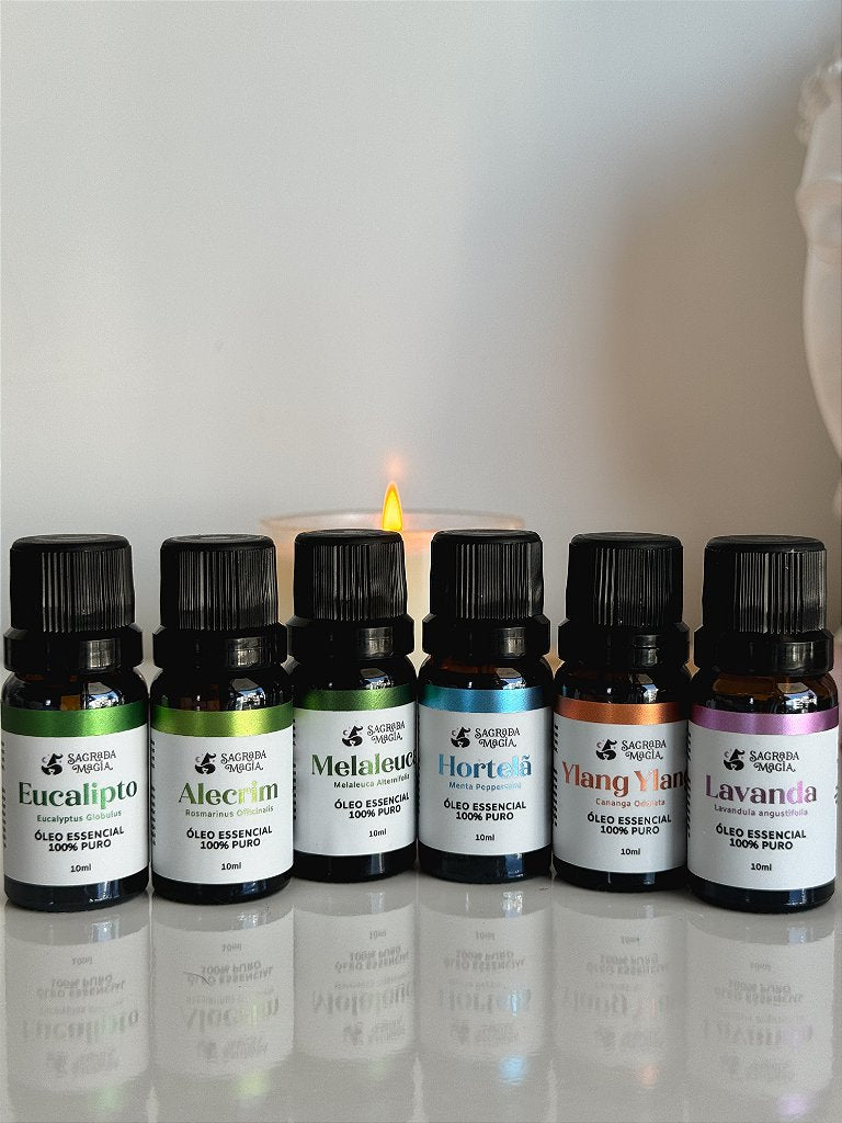 Kit Completo de Óleos Essenciais Sagrada Magia - Alecrim, Hortelã, Eucalipto, Melaleuca, Ylang Ylang e Lavanda.