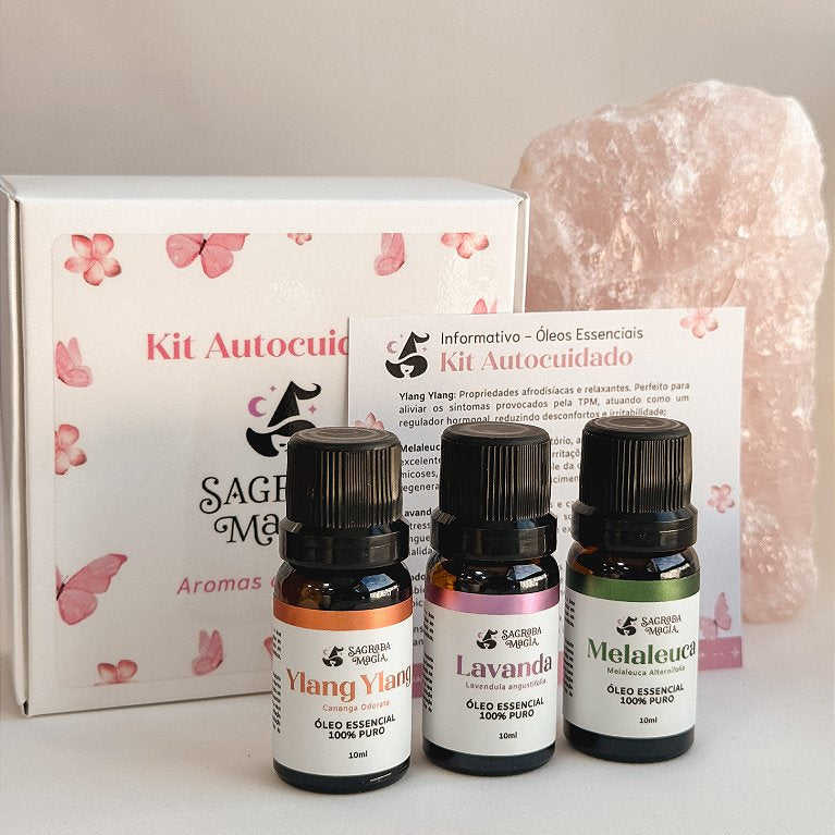 Kit de Óleos Essenciais Autocuidado - Ylang Ylang, Lavanda e Melaleuca - Afrodisíaco, Relaxante e Antisséptico