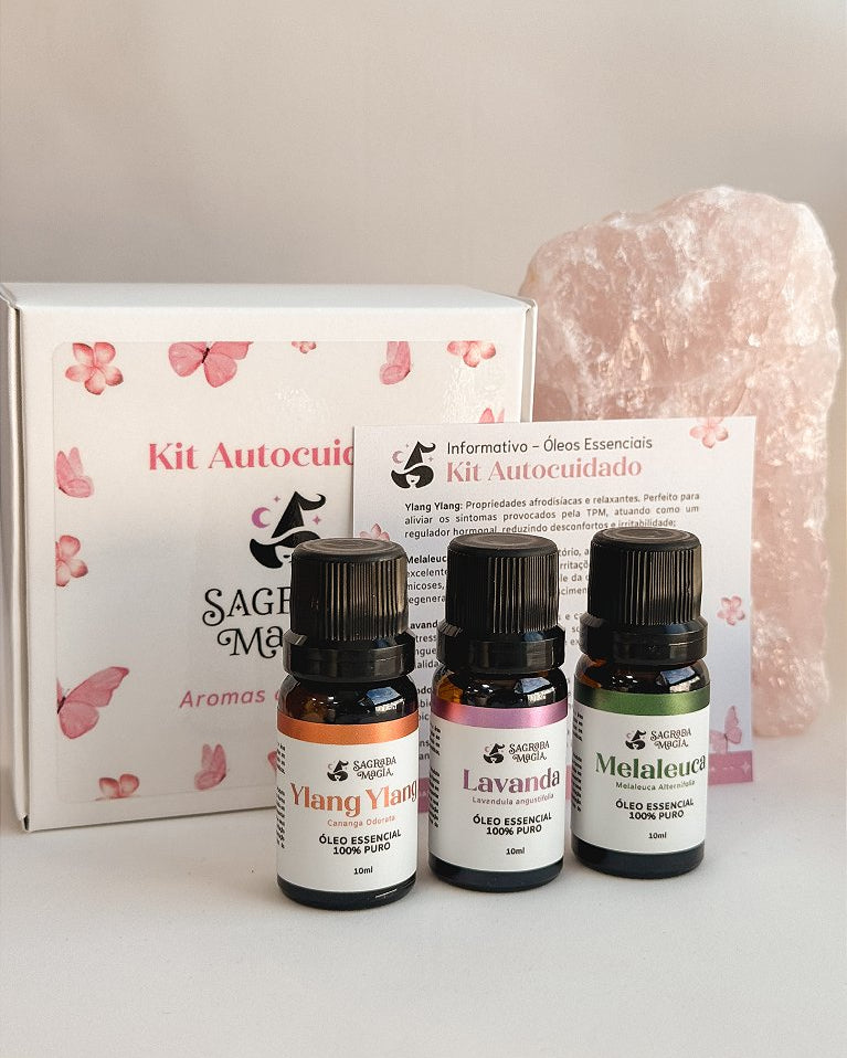 Kit de Óleos Essenciais Autocuidado - Ylang Ylang, Lavanda e Melaleuca - Afrodisíaco, Relaxante e Antisséptico