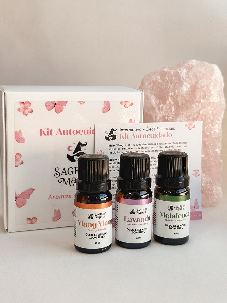 Kit de Óleos Essenciais Autocuidado - Ylang Ylang, Lavanda e Melaleuca - Afrodisíaco, Relaxante e Antisséptico