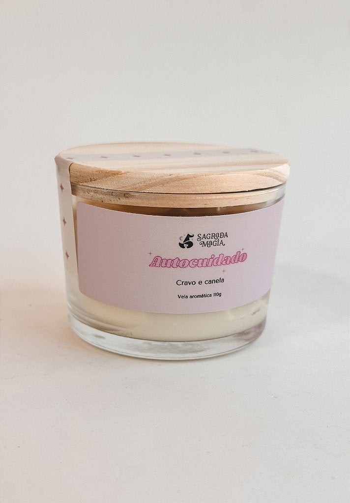 Vela Aromática Autocuidado - Aroma Leve de Cravo e Canela; Com Quartzo Rosa