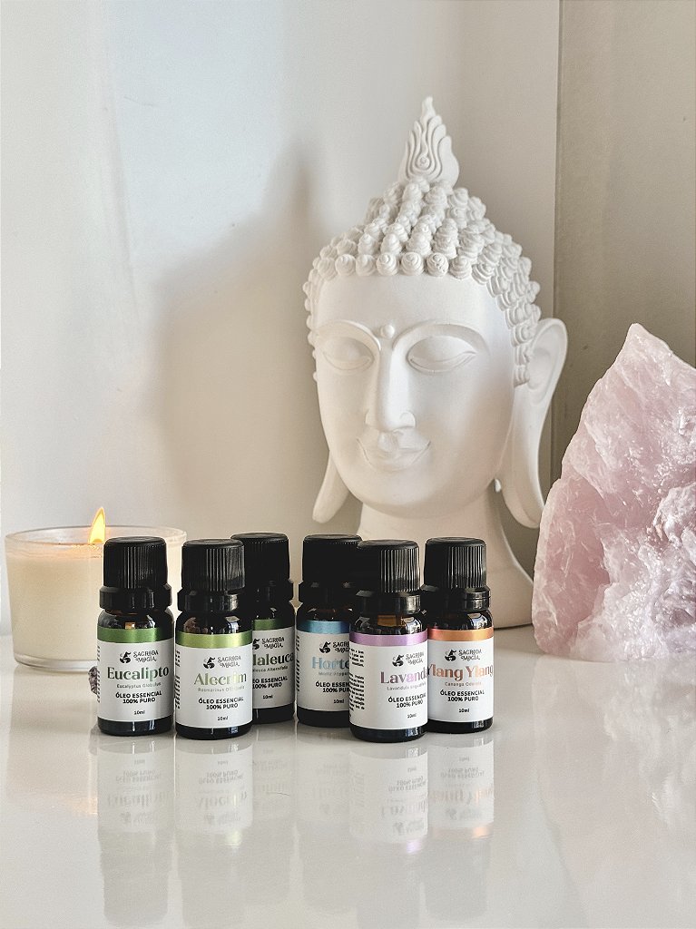 Kit Completo de Óleos Essenciais Sagrada Magia - Alecrim, Hortelã, Eucalipto, Melaleuca, Ylang Ylang e Lavanda.