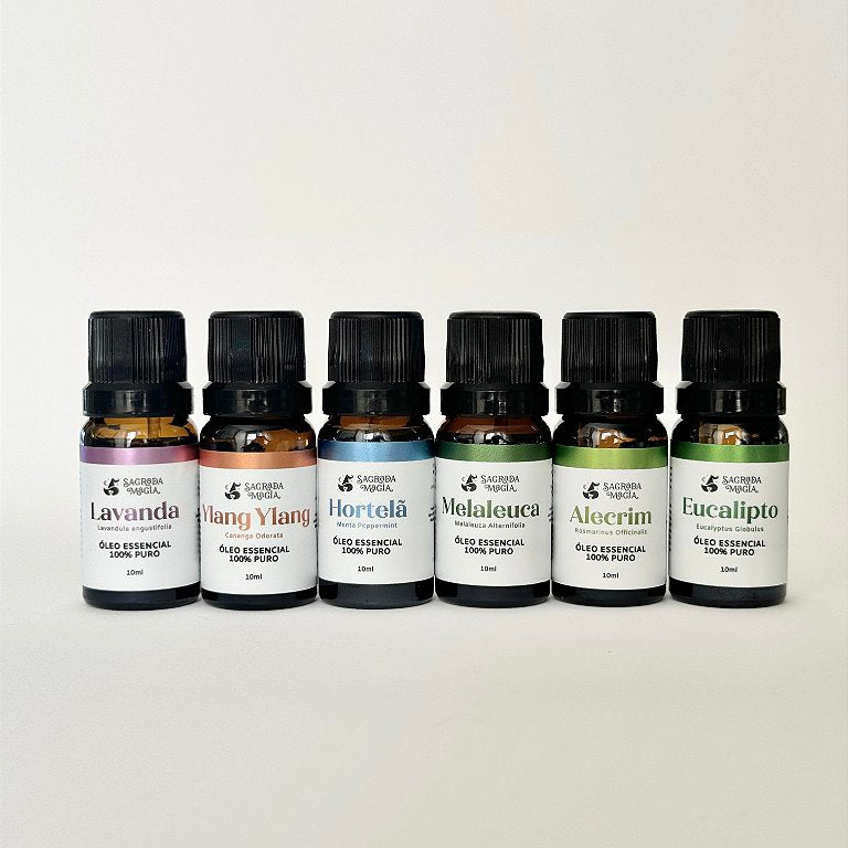 Kit Completo de Óleos Essenciais Sagrada Magia - Alecrim, Hortelã, Eucalipto, Melaleuca, Ylang Ylang e Lavanda.