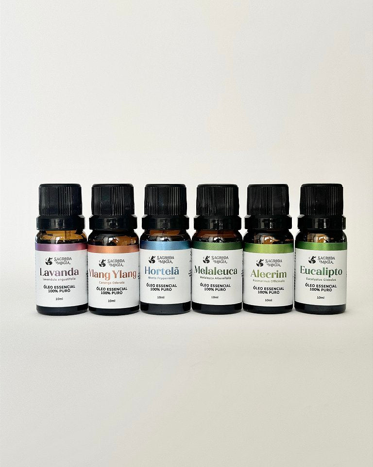 Kit Completo de Óleos Essenciais Sagrada Magia - Alecrim, Hortelã, Eucalipto, Melaleuca, Ylang Ylang e Lavanda